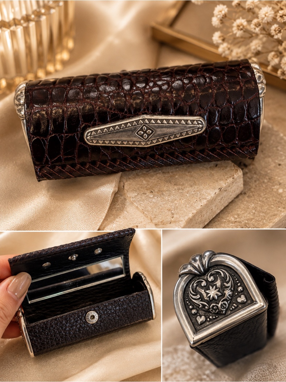 Leather Lipstick Case with Mirror – Croc Embossed | Silver Western Hardware